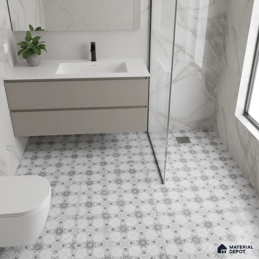 Modern bathroom with marble wall tiles and grey patterned floor tiles