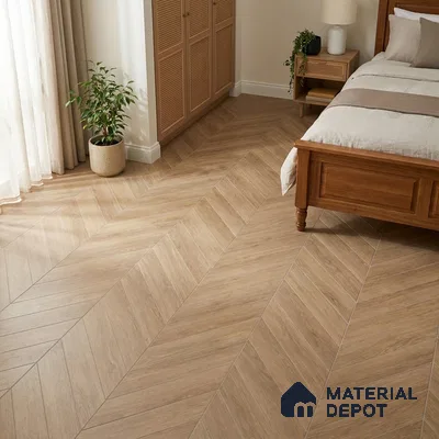 Scandinavian Bedroom with Light Oak Chevron Wood-Look Floor Tile
