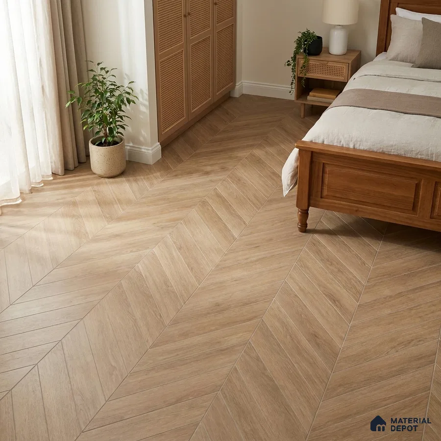Scandinavian Bedroom with Light Oak Chevron Wood-Look Floor Tile