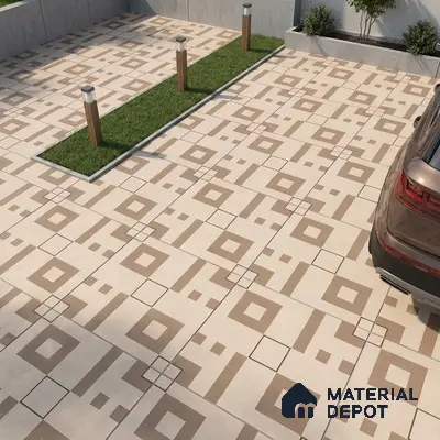 Modern parking with beige and brown geometric patterned floor tiles
