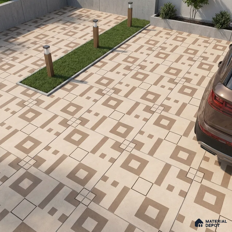 Modern parking with beige and brown geometric patterned floor tiles