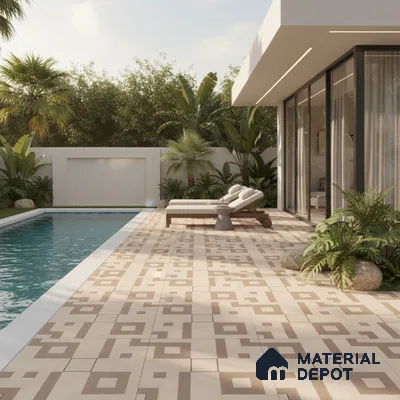 Modern outdoor poolside with geometric beige patterned floor tiles