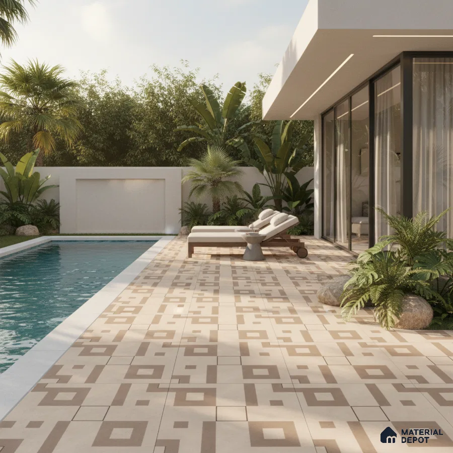 Modern outdoor poolside with geometric beige patterned floor tiles