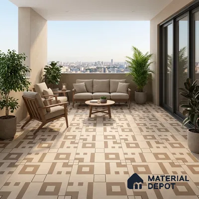 Scandinavian balcony with beige geometric patterned floor tiles and wooden outdoor furniture
