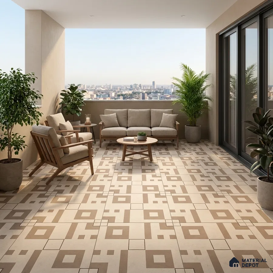 Scandinavian balcony with beige geometric patterned floor tiles and wooden outdoor furniture