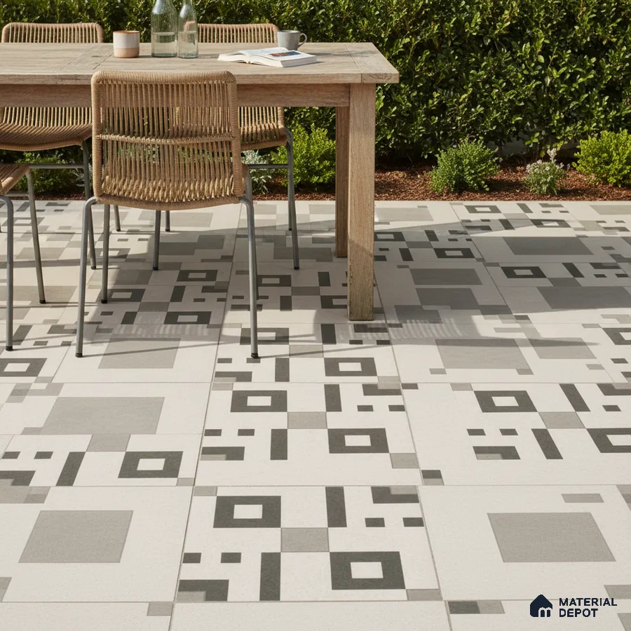 Modern outdoor dining with geometric patterned floor tiles and natural wood table