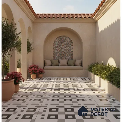 Mediterranean outdoor courtyard with geometric black-and-white floor tiles and patterned mosaic wall tile
