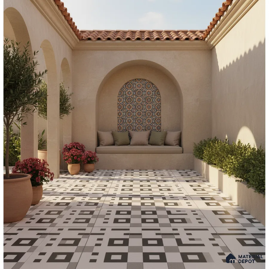 Mediterranean outdoor courtyard with geometric black-and-white floor tiles and patterned mosaic wall tile