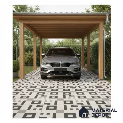 Modern parking with geometric black-and-white patterned floor tiles and wooden pergola