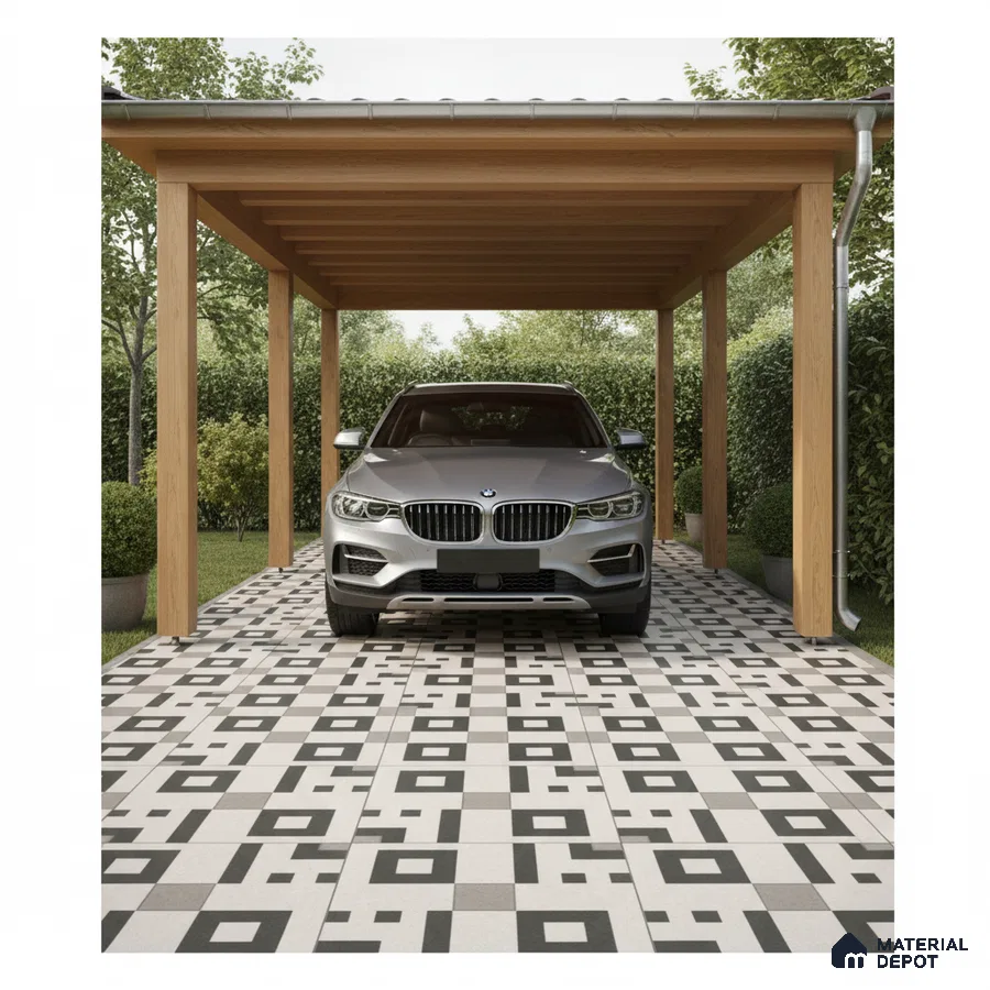 Modern parking with geometric black-and-white patterned floor tiles and wooden pergola