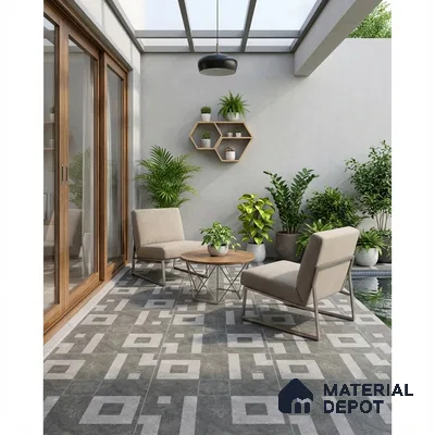 Modern balcony with geometric grey floor tiles and wooden accents