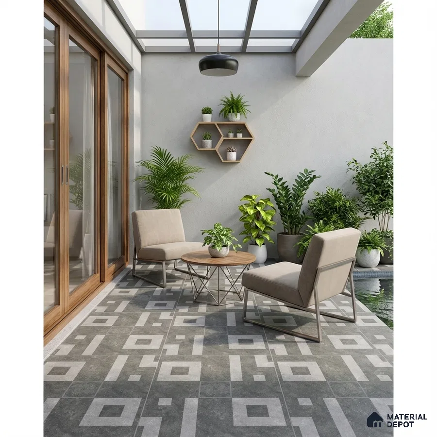 Modern balcony with geometric grey floor tiles and wooden accents