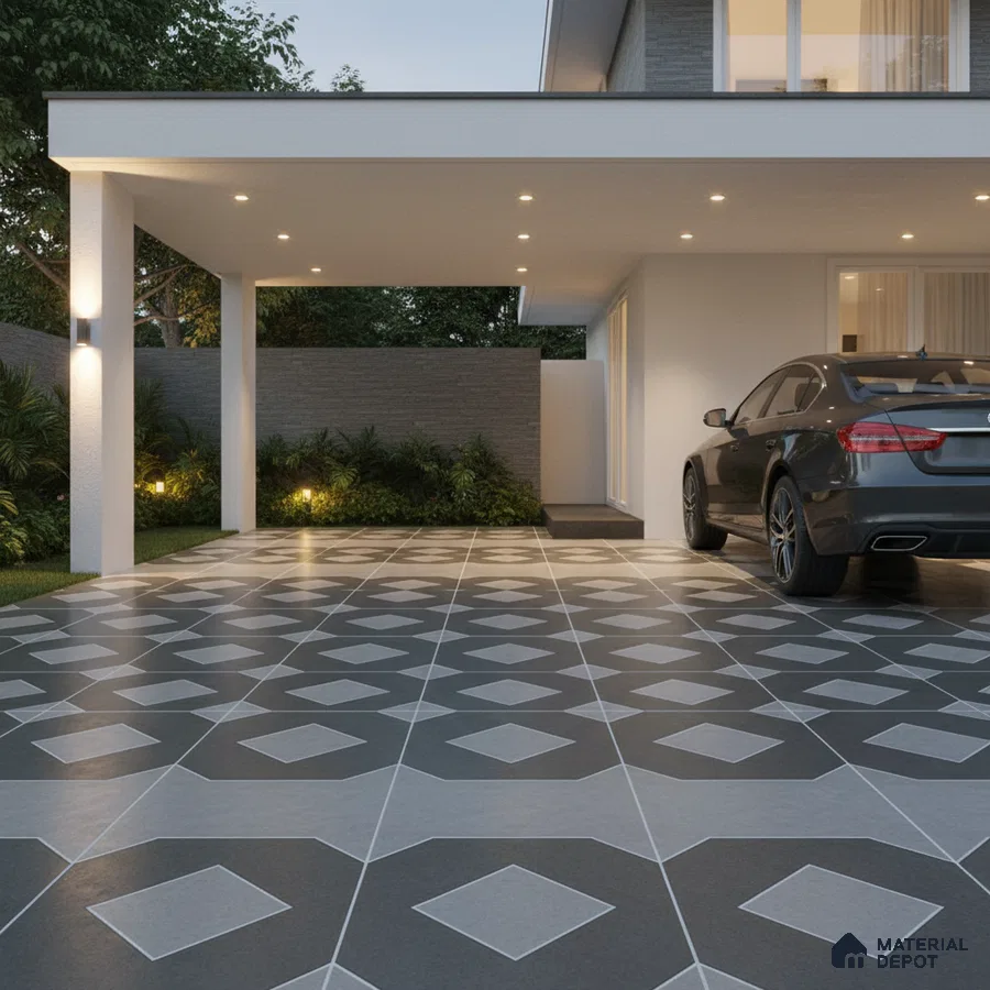 Modern parking with geometric black and grey floor tiles and minimal exterior cladding