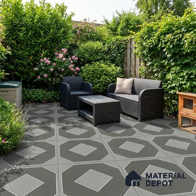 Modern outdoor seating with black geometric floor tiles and rattan furniture