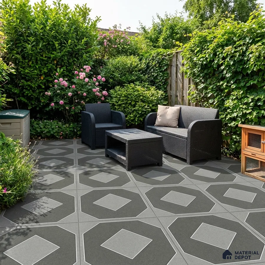 Modern outdoor seating with black geometric floor tiles and rattan furniture