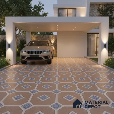 Modern parking with terracotta geometric patterned floor tiles and Mediterranean accents