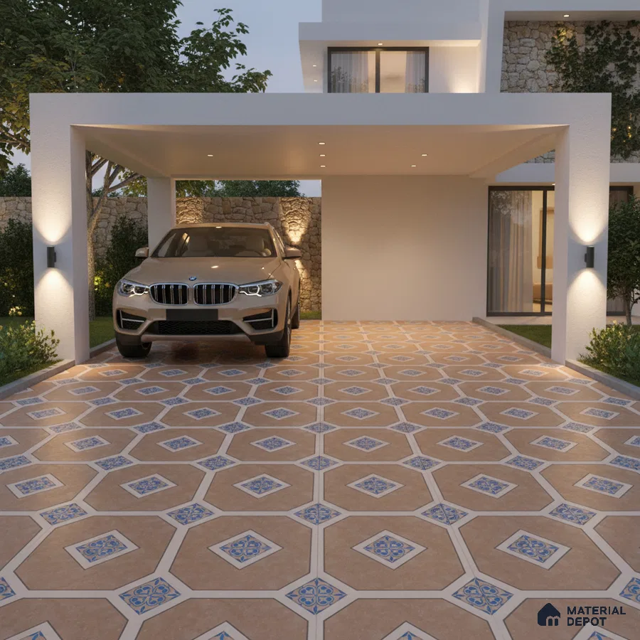 Modern parking with terracotta geometric patterned floor tiles and Mediterranean accents