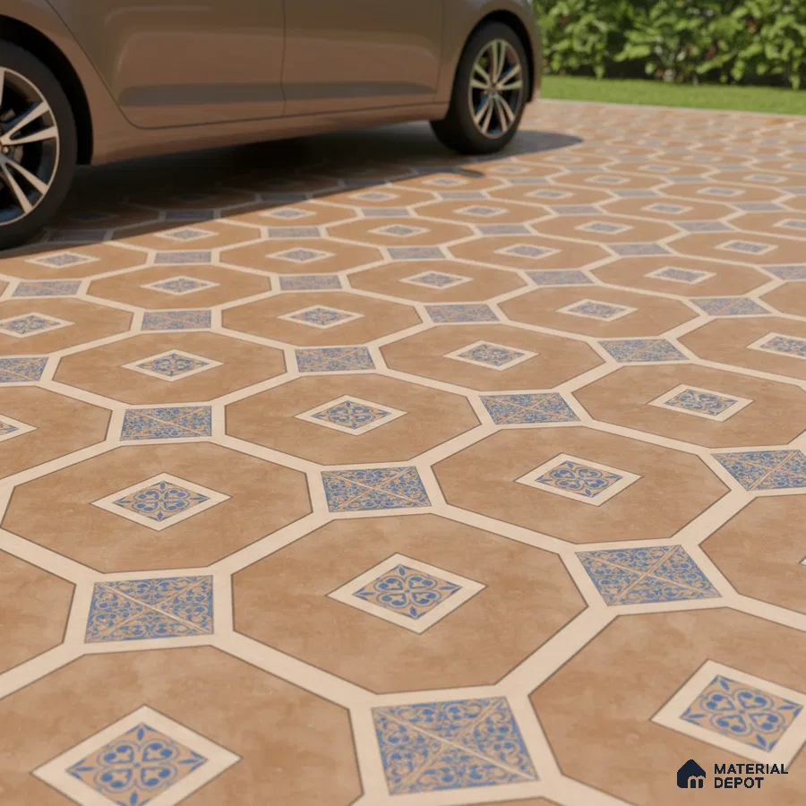 Mediterranean parking area with terracotta geometric tiles and blue patterned inserts