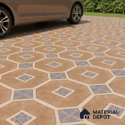 Mediterranean parking area with terracotta geometric tiles and blue patterned inserts