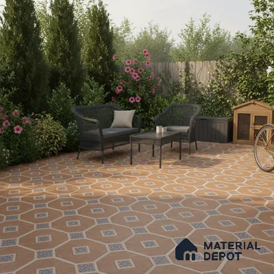 Mediterranean outdoor patio with terracotta geometric floor tiles and patterned inserts