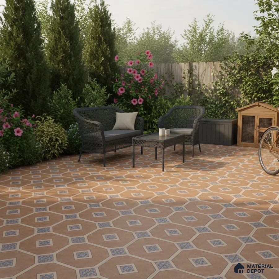 Mediterranean outdoor patio with terracotta geometric floor tiles and patterned inserts