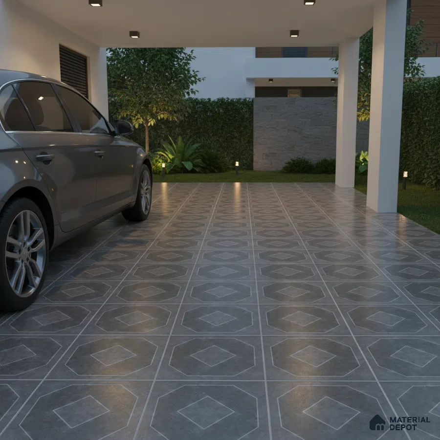 Modern parking with grey geometric patterned floor tiles