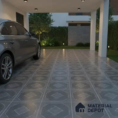 Modern parking with grey geometric patterned floor tiles
