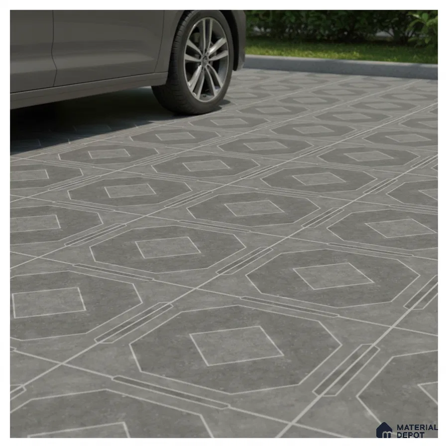 Modern parking with grey geometric patterned anti-skid floor tiles
