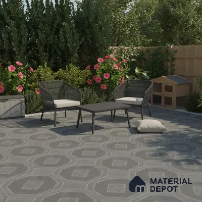 Modern outdoor seating with grey geometric floor tiles and black wicker furniture