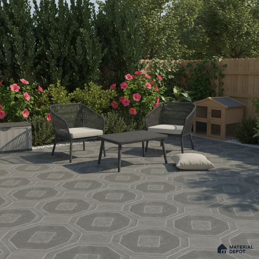 Modern outdoor seating with grey geometric floor tiles and black wicker furniture