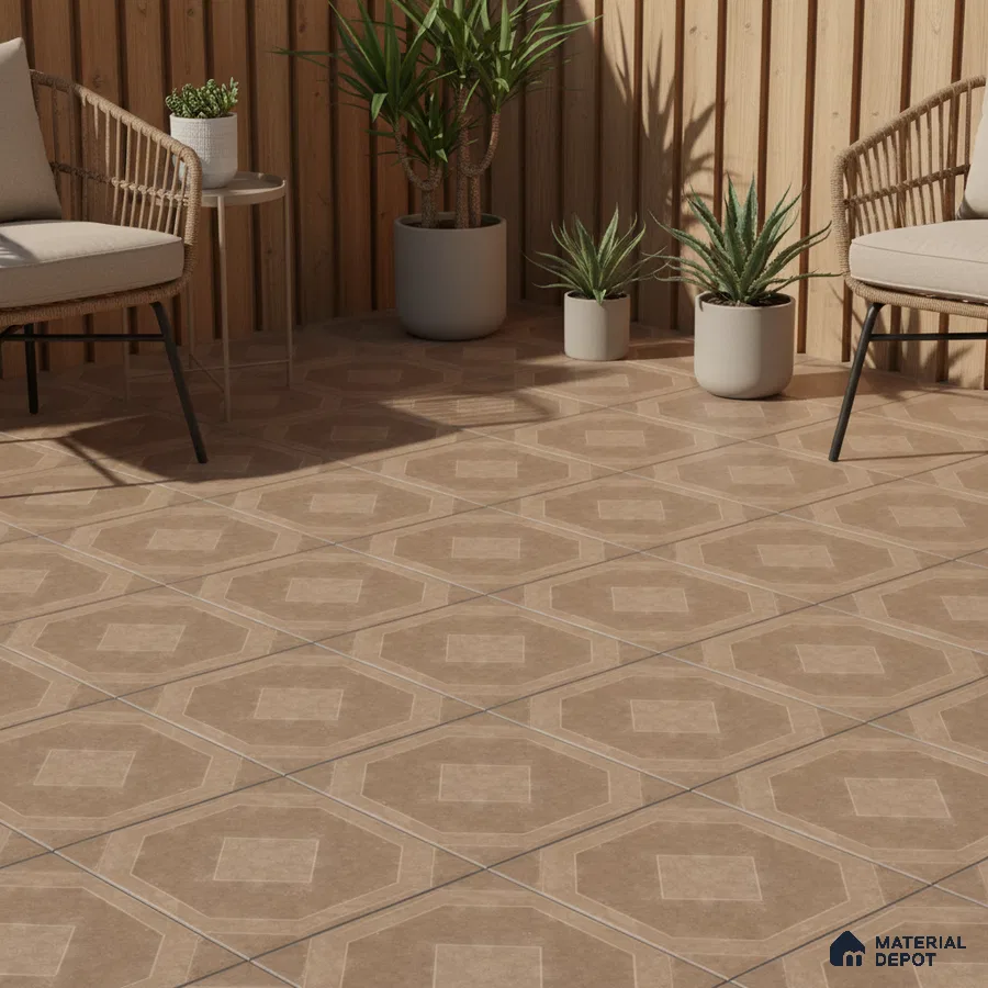 Scandinavian outdoor space with geometric beige floor tiles and natural wood cladding
