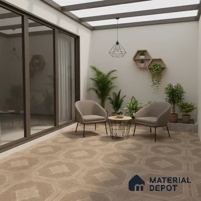 Modern balcony with beige geometric floor tiles and minimalist decor