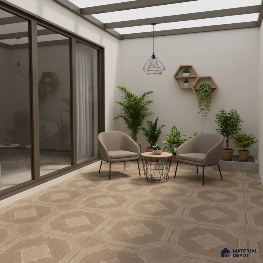 Modern balcony with beige geometric floor tiles and minimalist decor