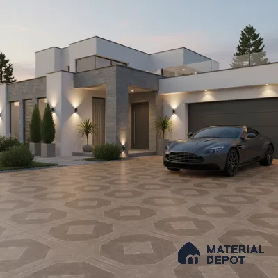 Modern parking with geometric patterned outdoor floor tiles and stone cladding facade