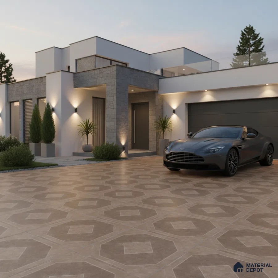 Modern parking with geometric patterned outdoor floor tiles and stone cladding facade