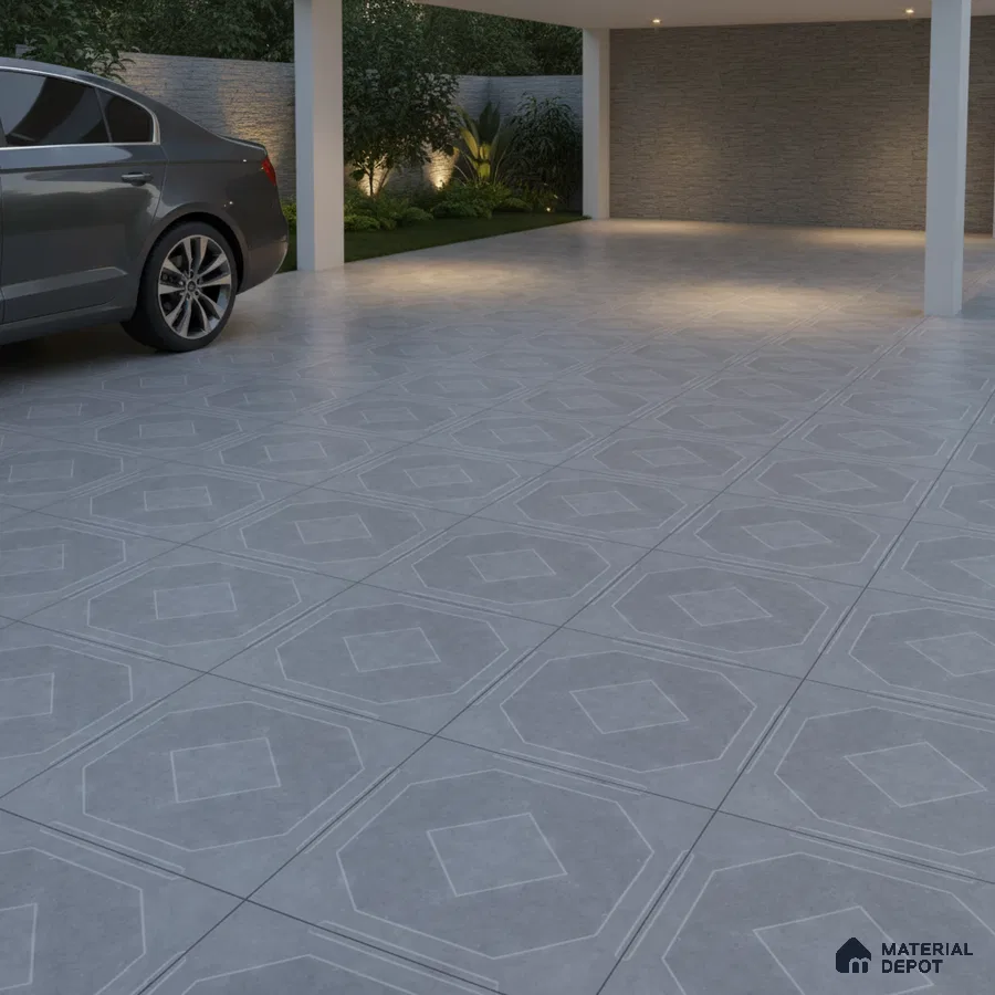 Modern parking with grey geometric patterned floor tiles and stone cladding wall