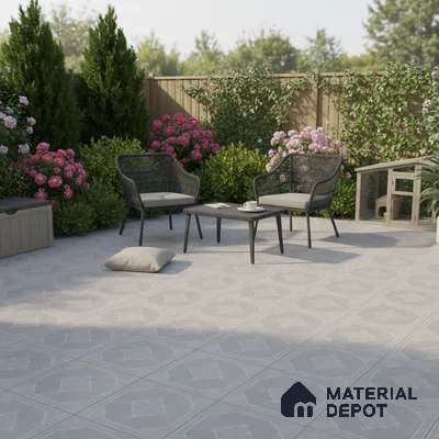 Modern outdoor patio with geometric light grey floor tiles and wicker furniture