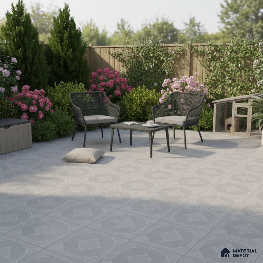 Modern outdoor patio with geometric light grey floor tiles and wicker furniture