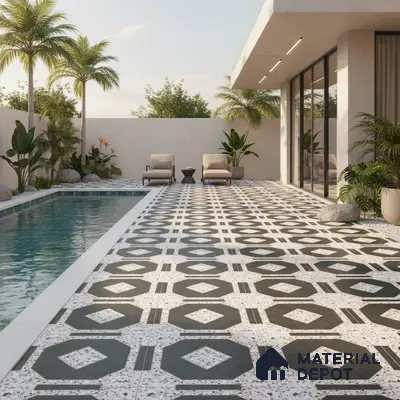 Modern outdoor poolside with geometric terrazzo floor tiles and tropical landscaping