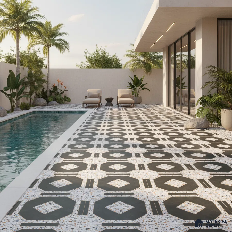 Modern outdoor poolside with geometric terrazzo floor tiles and tropical landscaping