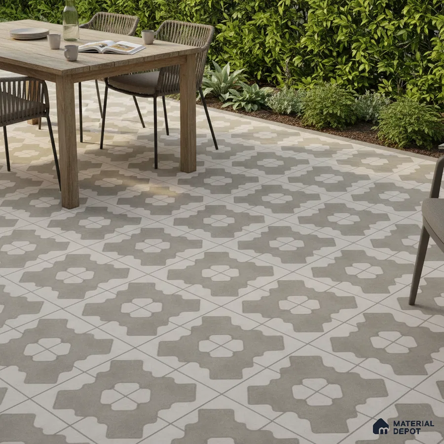 Modern outdoor dining with grey and white geometric patterned floor tiles
