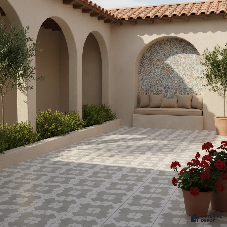 Mediterranean outdoor courtyard with patterned floor tiles and colorful moroccan wall tiles