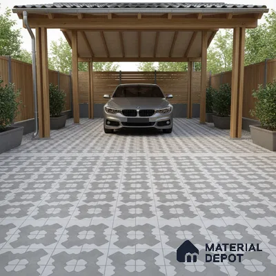 Modern parking with grey and white patterned floor tiles and wooden pergola structure