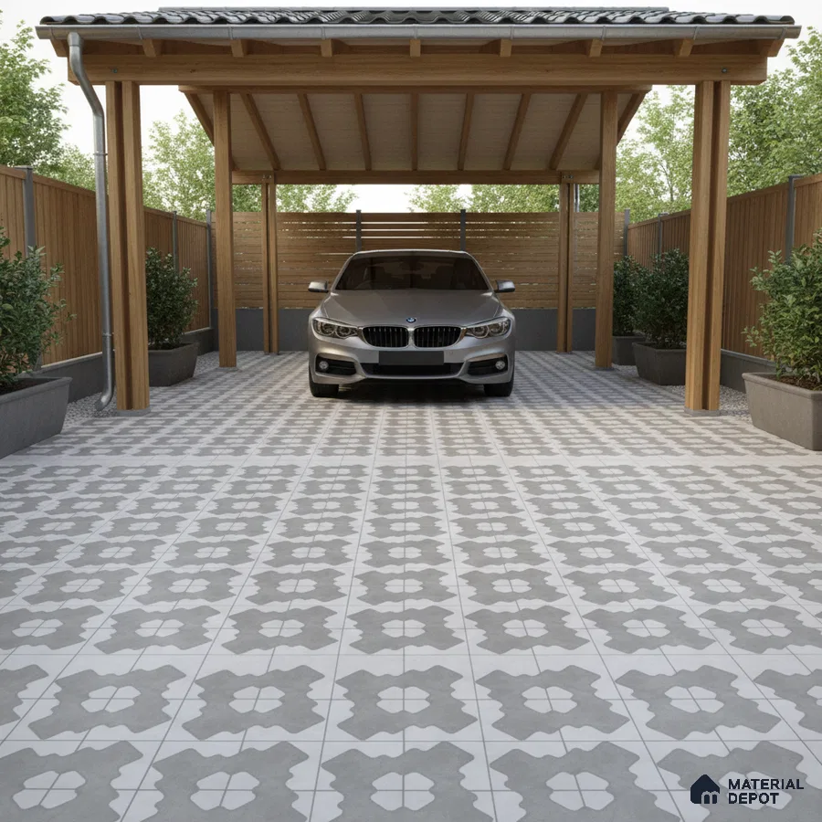 Modern parking with grey and white patterned floor tiles and wooden pergola structure