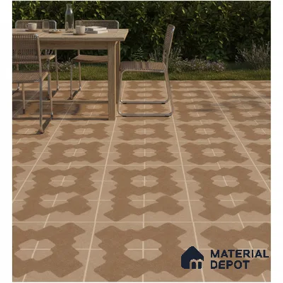 Modern outdoor space with brown geometric patterned floor tiles and natural wood dining set