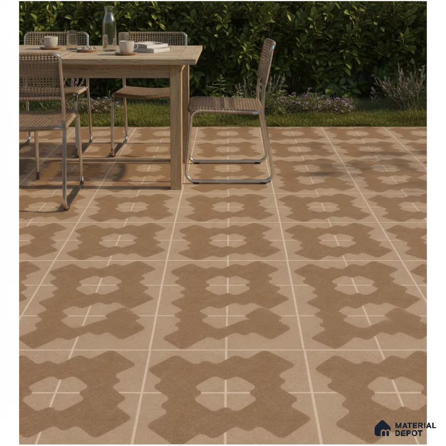 Modern outdoor space with brown geometric patterned floor tiles and natural wood dining set