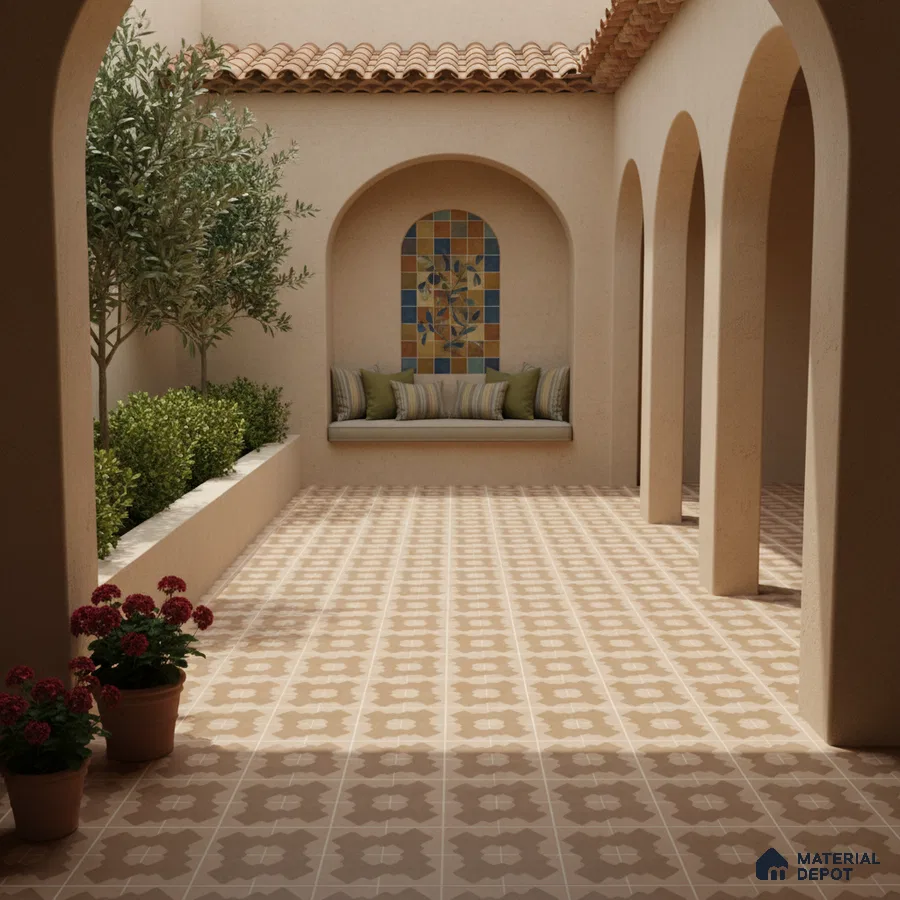 Mediterranean outdoor courtyard with terracotta patterned floor tiles and mosaic accent wall