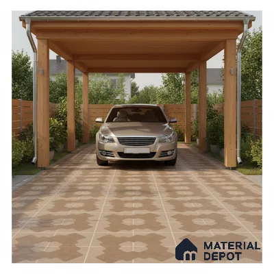 Modern parking with patterned brown floor tiles and natural wood structure