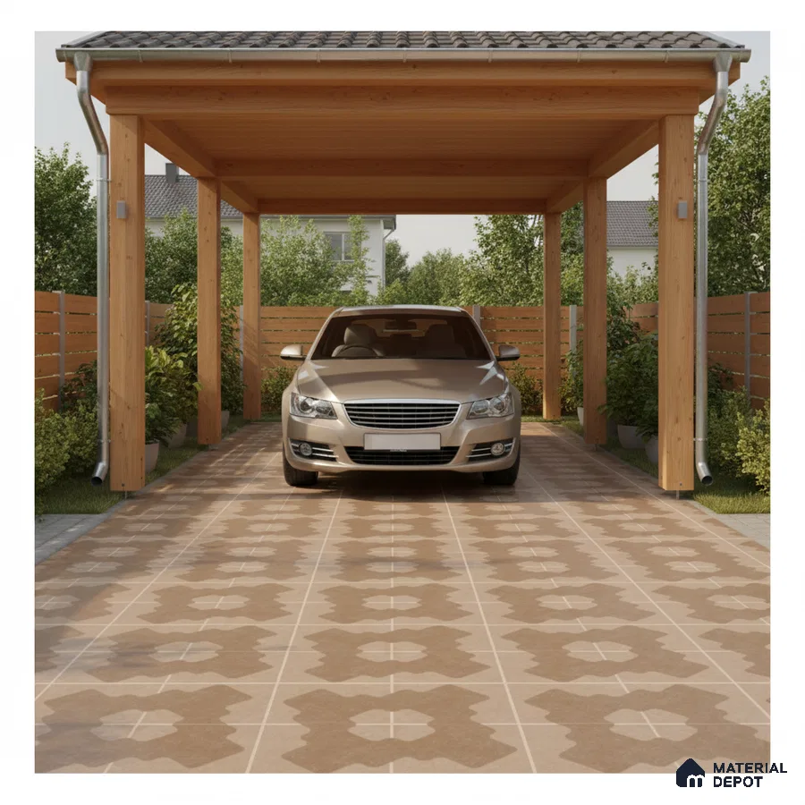 Modern parking with patterned brown floor tiles and natural wood structure