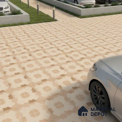 Modern parking area with beige and tan patterned outdoor floor tiles